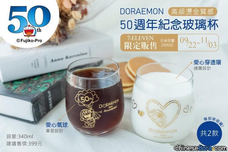 [台灣] 哆啦A夢50週年燙金玻璃杯.吃吃餐具組 全台2000家販售7-11門市出爐
